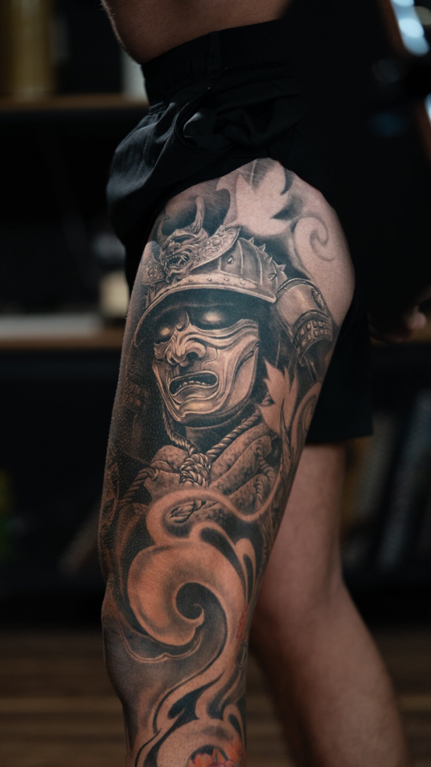Black and grey samurai realism tattoo by All City Tattoo