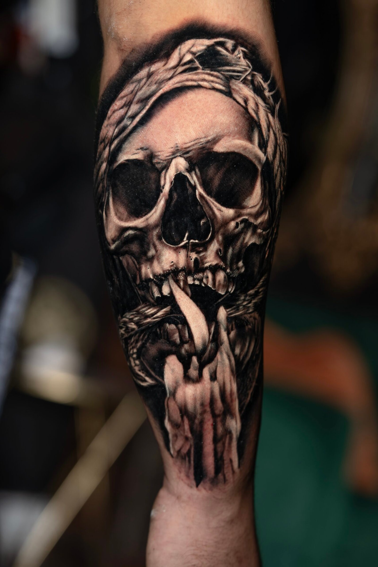 Smoking skull blackwork tattoo by All City Tattoo